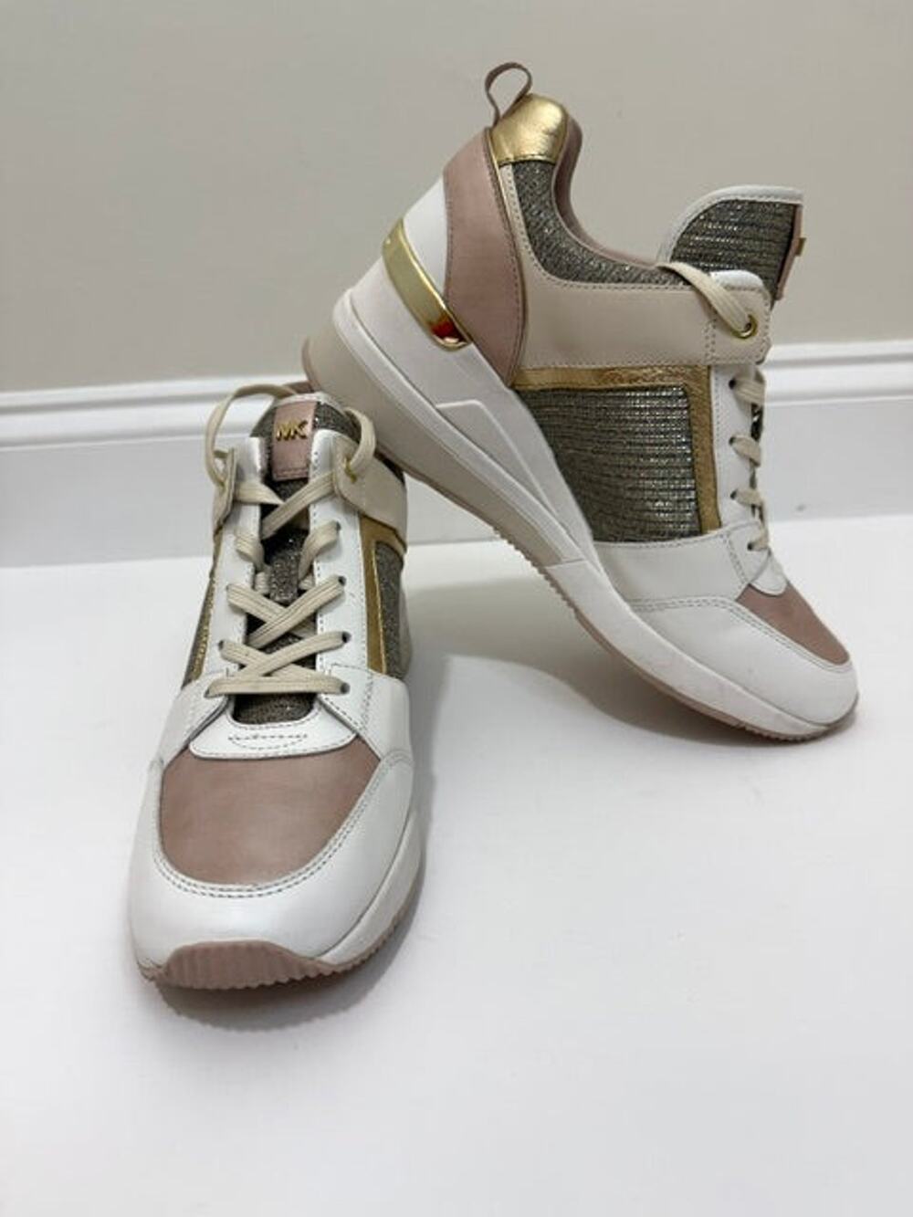 Michael Kors Georgie Pearlized Wedge Trainers Sneakers Soft Pink Sz9.5